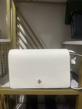 Tory Burch Cream Saffiano Crossbody with Gold Logo